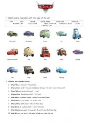 English Worksheet: The Cars (grammar tasks Wh-questions and movie discussion)