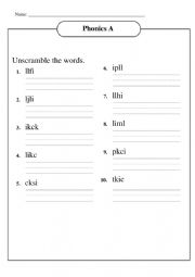 English Worksheet: Unscramble words Short Vowel I - ink, ick