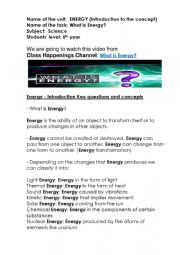 English Worksheet: ENERGY (Introduction to the concept) clil - Aicle part 1