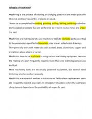 English Worksheet: What is a Machinist