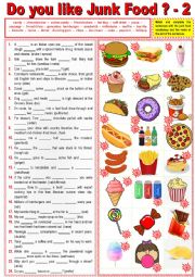 English Worksheet: JUNK FOOD in sentences. Vocabulary matching + verbs + KEY