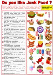 English Worksheet: JUNK FOOD in sentences. Vocabulary matching + KEY