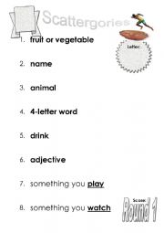 English Worksheet: Scattergories Activity - 6 worksheets