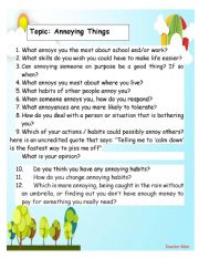 English Worksheet: Annoying Things Discussion Questions