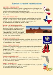 English Worksheet: Some American states and their nicknames