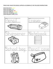 School supplies tracing and coloring activity