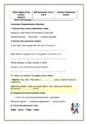 English Worksheet: Mid semester 2 test -8th form