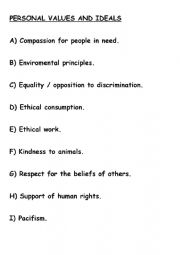 English Worksheet: PERSONAL VALUES AND IDEALS