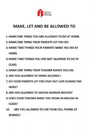 English Worksheet: MAKE, LET AND BE ALLOWED TO