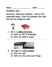 English Worksheet: Metaphors Quiz First Grade 