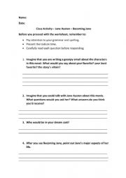 English Worksheet: Becoming Jane - Class Activity