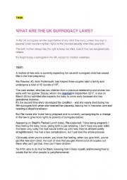 English Worksheet: REACTING TO A TEXT.WRTITIN TASK . THEME : SURROGACY 