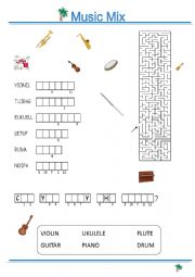 English Worksheet: Musical Instrument Word Jumble