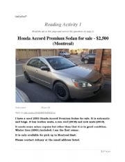 English Worksheet: Car Ad - Reading Comprehension