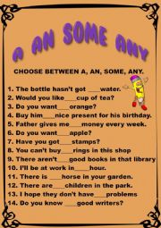 English Worksheet: a an some any