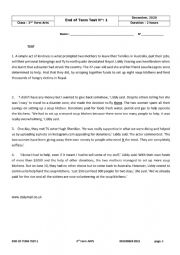 English Worksheet: 3rd Form Arts - End of Term Test 1