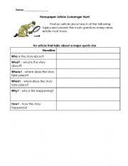 English Worksheet: Newspaper Scavenger Hunt