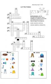 English Worksheet: CLOTHS CROSSWORD PUZZLE