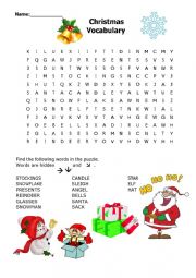 English Worksheet: Christmas Vocabulary Wordsearch Puzzle