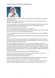 English Worksheet: Mother Theresa reading comprehension