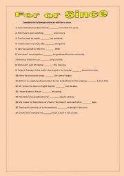 English Worksheet: For or since