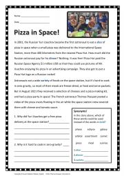 English Worksheet: Pizza in Space! True story. Reading Comprehension w Synonym Task and Answer Key