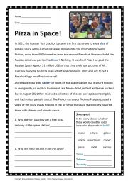 Pizza in Space! True story. Reading Comprehension w Synonym Task and Answer Key