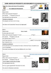 English Worksheet: Some American Presidents and Monuments in Washington DC