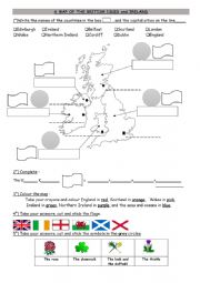 English Worksheet: A map of the British Isles flags and symbols