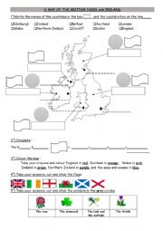 English Worksheet: A map of the British Isles flags and symbols