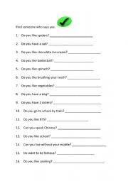 English Worksheet: Find someone who says yes
