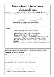English Worksheet: Because of (due to / owing to) v. Because