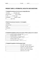 English Worksheet: Present Simple: affirmative, negative and questions