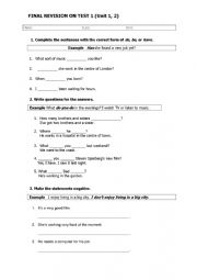 English Worksheet: New Headway 4th edition intermediate. Revision of unit 1+2
