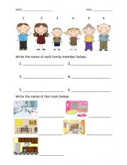 English Worksheet: Family members and rooms in the house