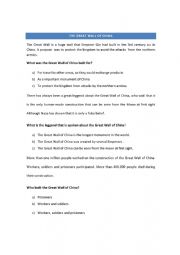 English Worksheet:  QUESTIONS ABOUT THE CHINESE WALL