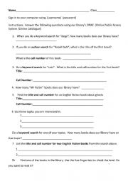 English Worksheet: Library catalogue bookfind worksheet