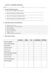 English Worksheet: VERTEBRATE ANIMALS TEST