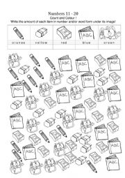 Numbers 11 to 20 plus colours and school objects
