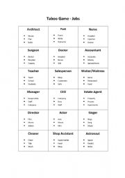 English Worksheet: Jobs Taboo
