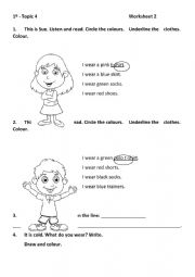 English Worksheet: Let�s learn about colours and clothes! Listen to your teacher and read