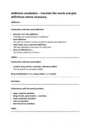 English Worksheet: Vocabulary concerning addictions, link to short film and questions