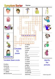 English Worksheet: Symptom Sorter 1 with criss cross puzzle.