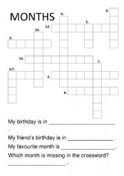 English Worksheet: Months Crossword