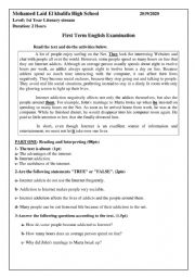 English Worksheet: internet addiction exam for 1st year students secondary school