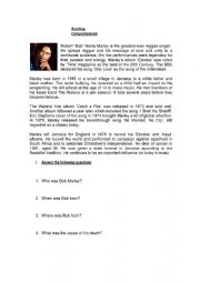 English Worksheet: Bob Marley Reading comprehension