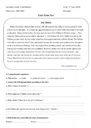 English Worksheet: Test with the theme of Peace
