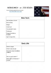 English Worksheet: JOE BIDEN Websearch with ANSWER KEY