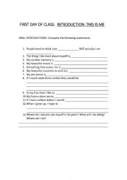English Worksheet: ORAL INTRODUCTION: FIRST DAY