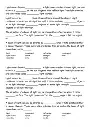 English Worksheet: Light Travels in Straight Lines Cloze
